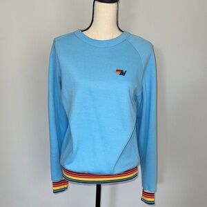 Aviator Nation Light Blue Crew Sweatshirt with Rainbow Trim Sz M
